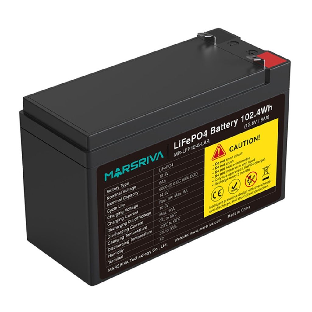 [MR-LFP12-8-LAR] Marsriva - Batería de Litio de Reemplazo de Plomo-Ácido 12.8V 8Ah (102.4Wh / 12.8V / 8Ah)