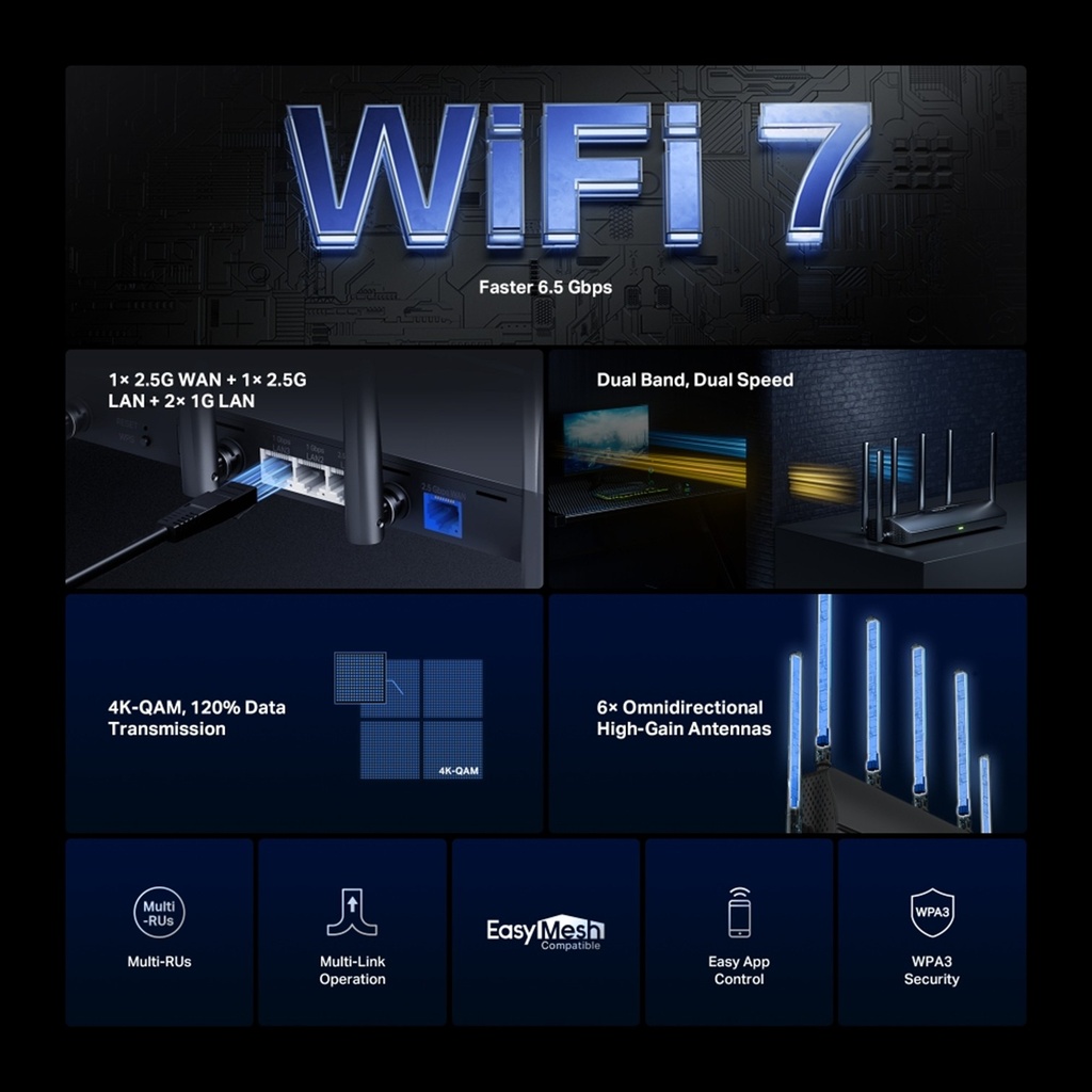 [MR37BE] Mercusys - Router Inalambrico Wi-Fi 7 Dual-Band de 6.5 Gbps BE6500 WiFi7