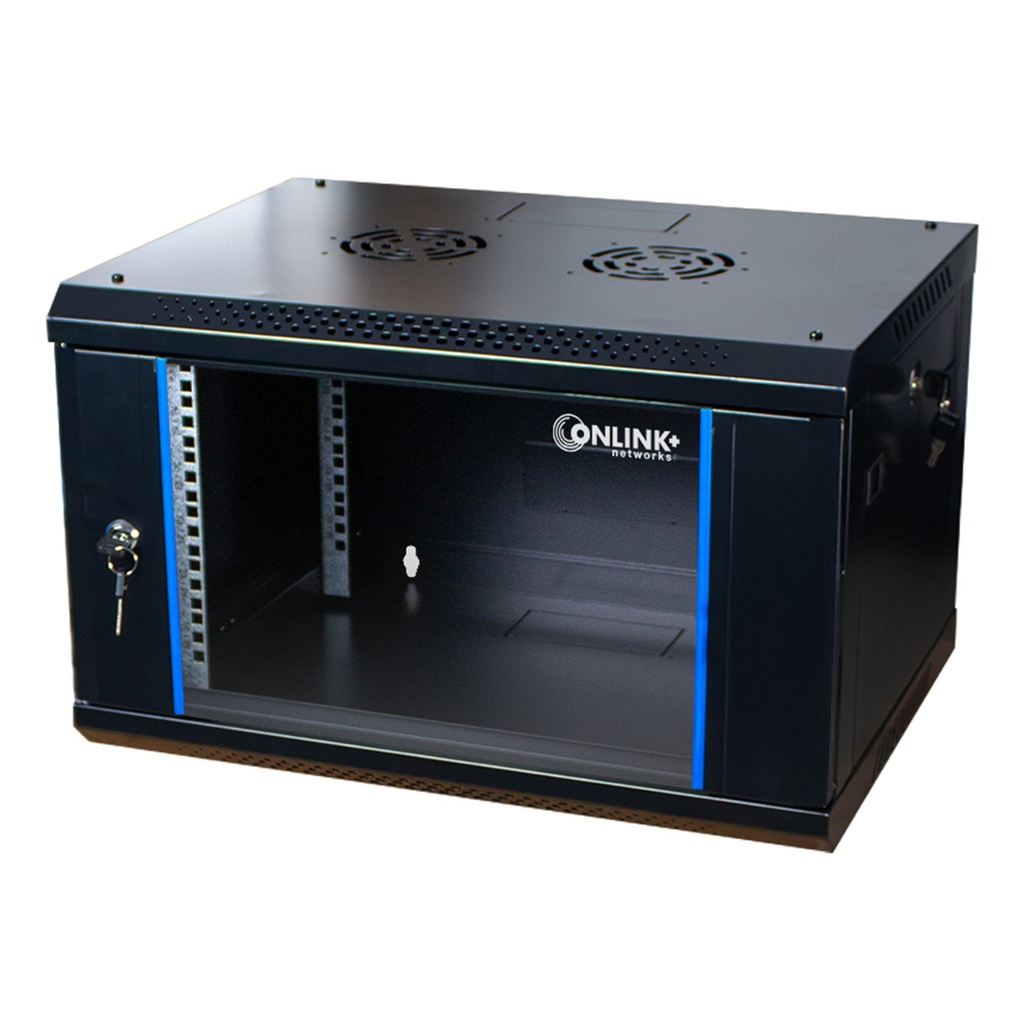 [WM6406-450-BLACK] Onlink - Rack de Pared [6U] Cerrado Fijo 600x 450x368mm con 3 Cerraduras y Puerta de Vidrio [Negro]
