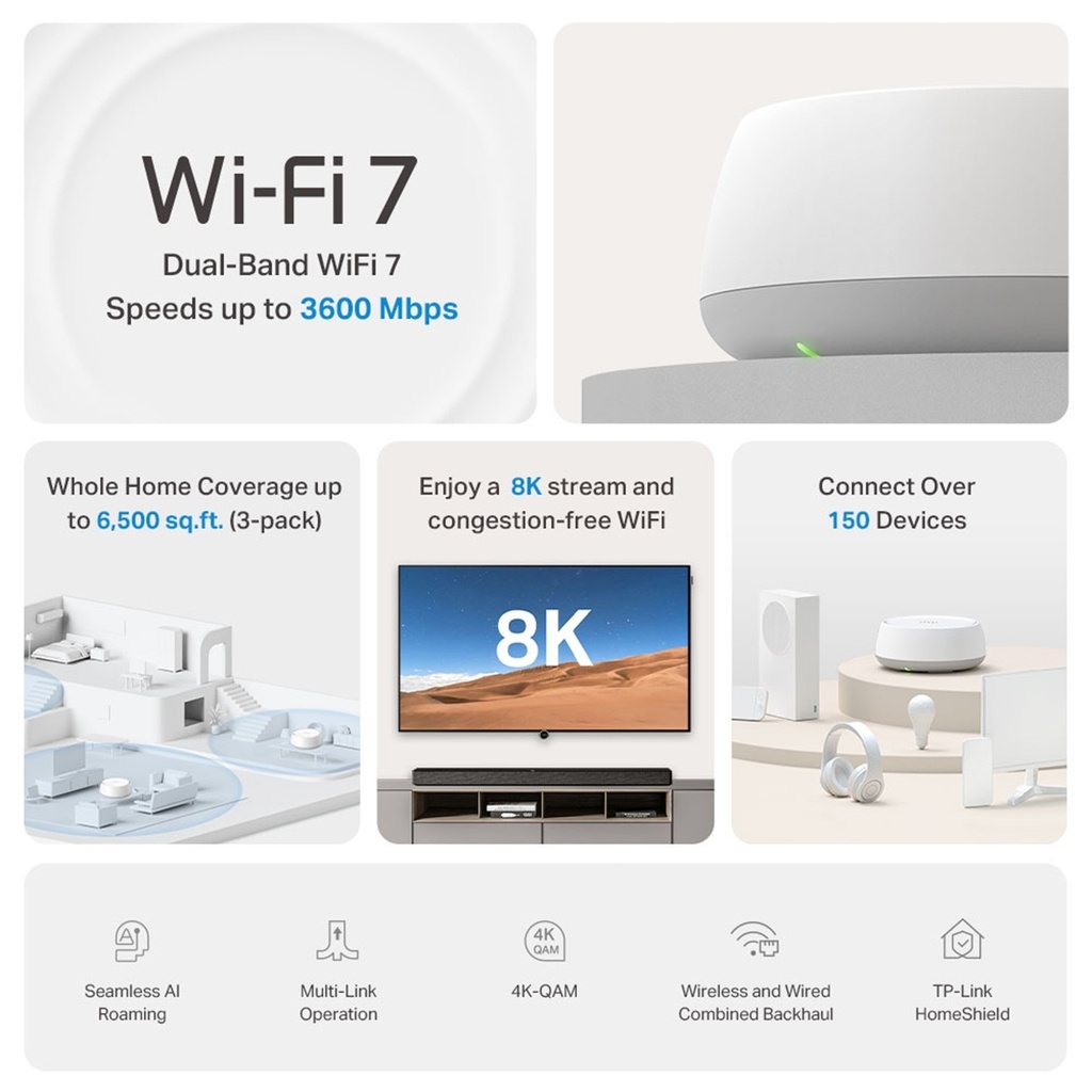 [BE22-2PACK] TP-Link - Router Inalámbrico Wi-Fi 7 Mesh IA Doble Banda de 3.6 Gbps 2 Puertos Gigabit BE3600 WiFi7 [2 Unidades]