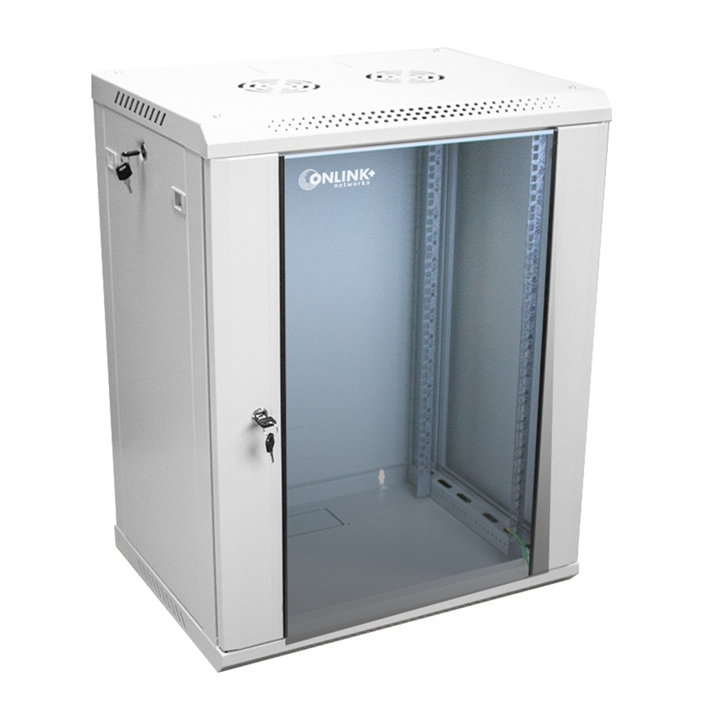 [WM6415-450-RAL7035] Onlink - Rack de Pared [15U] Cerrado Fijo 600x450x769mm con 3 Cerraduras y Puerta de Vidrio [Gris Luminoso]