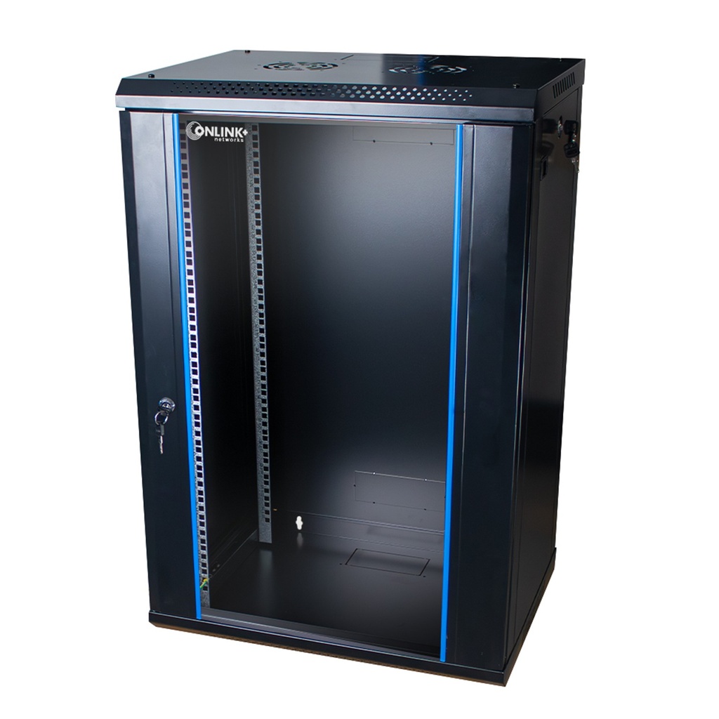[WM6418-450-BLACK] Onlink - Rack de Pared [18U] Cerrado Fijo 600x450x901mm con 3 Cerraduras y Puerta de Vidrio [Negro]