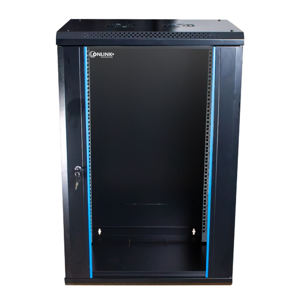 [WM6418-450-BLACK] Onlink - Rack de Pared [18U] Cerrado Fijo 600x450x901mm con 3 Cerraduras y Puerta de Vidrio [Negro]