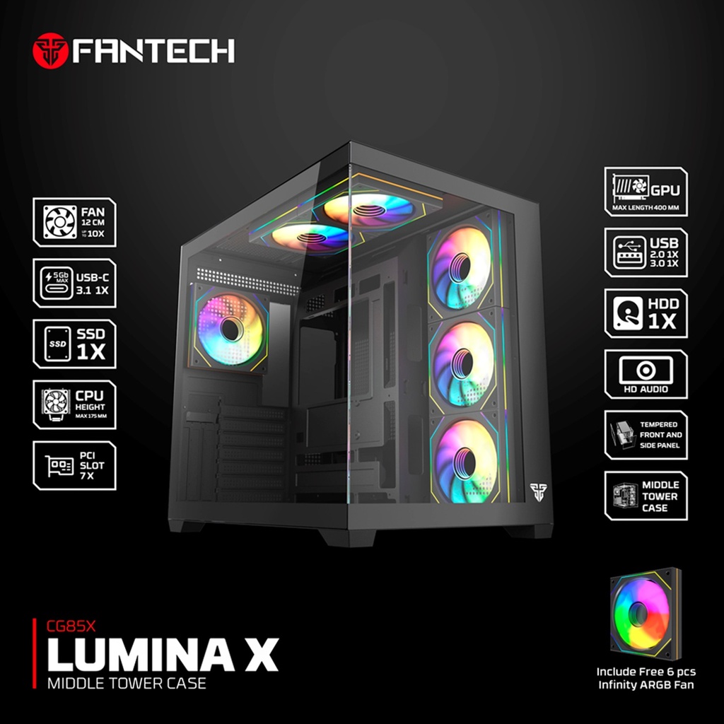 [CG85X-BK] Fantech - Case Lumina Mid Tower+ 6 Fans [Negro]