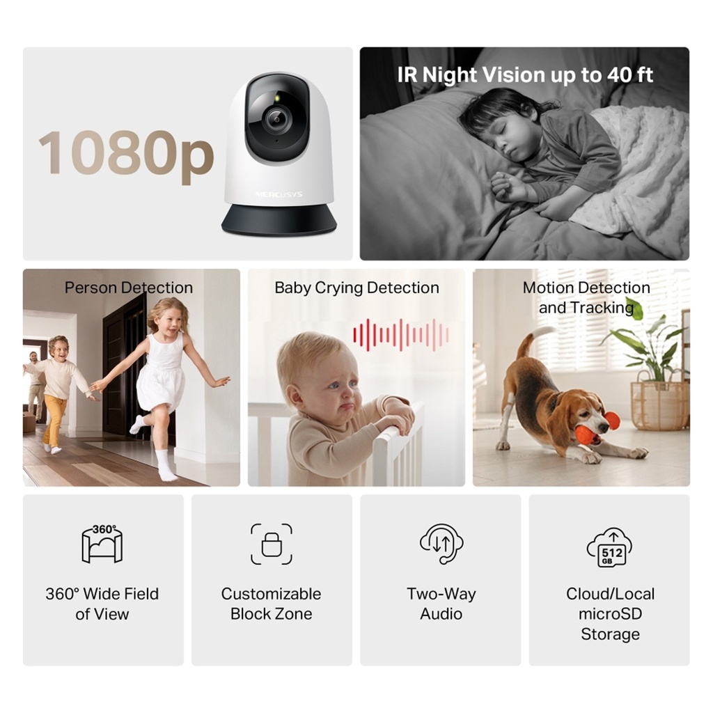 [MC200] Mercusys - Cámara Wi-Fi 1080p Full HD de 360 con Detección inteligente Audio Bidreccional Visión Nocturna