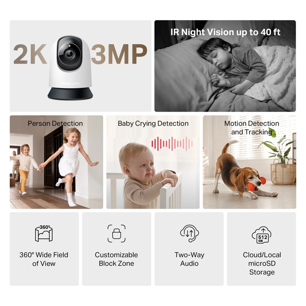 [MC210] Mercusys - Cámara Wi-Fi 2K 3MP de 360 con Detección inteligente Audio Bidreccional Visión Nocturna