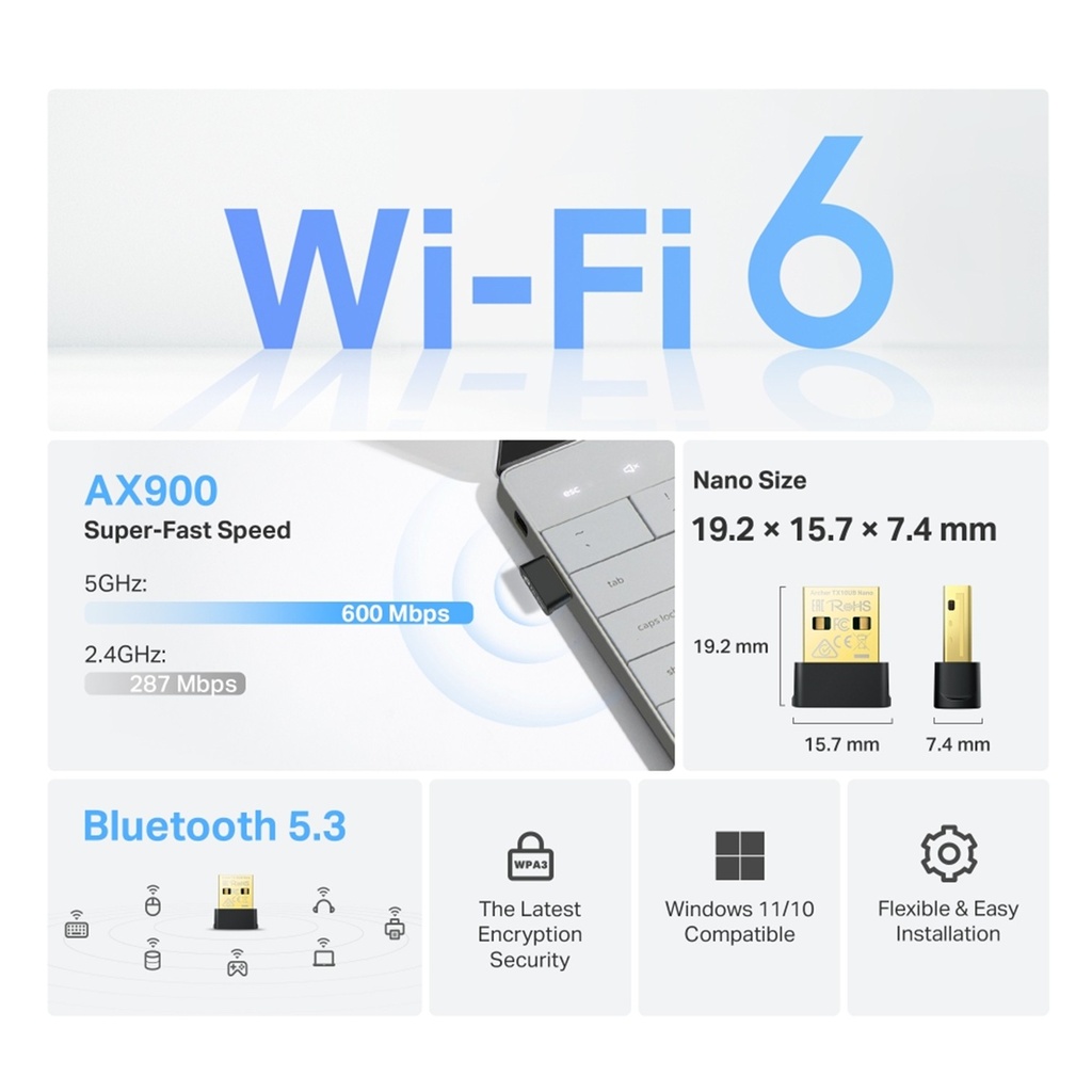 [TX10UB-Nano-Archer] TP-Link - Adaptador Wi-Fi 6 Nano AX900 Bluetooth 5.3 USB