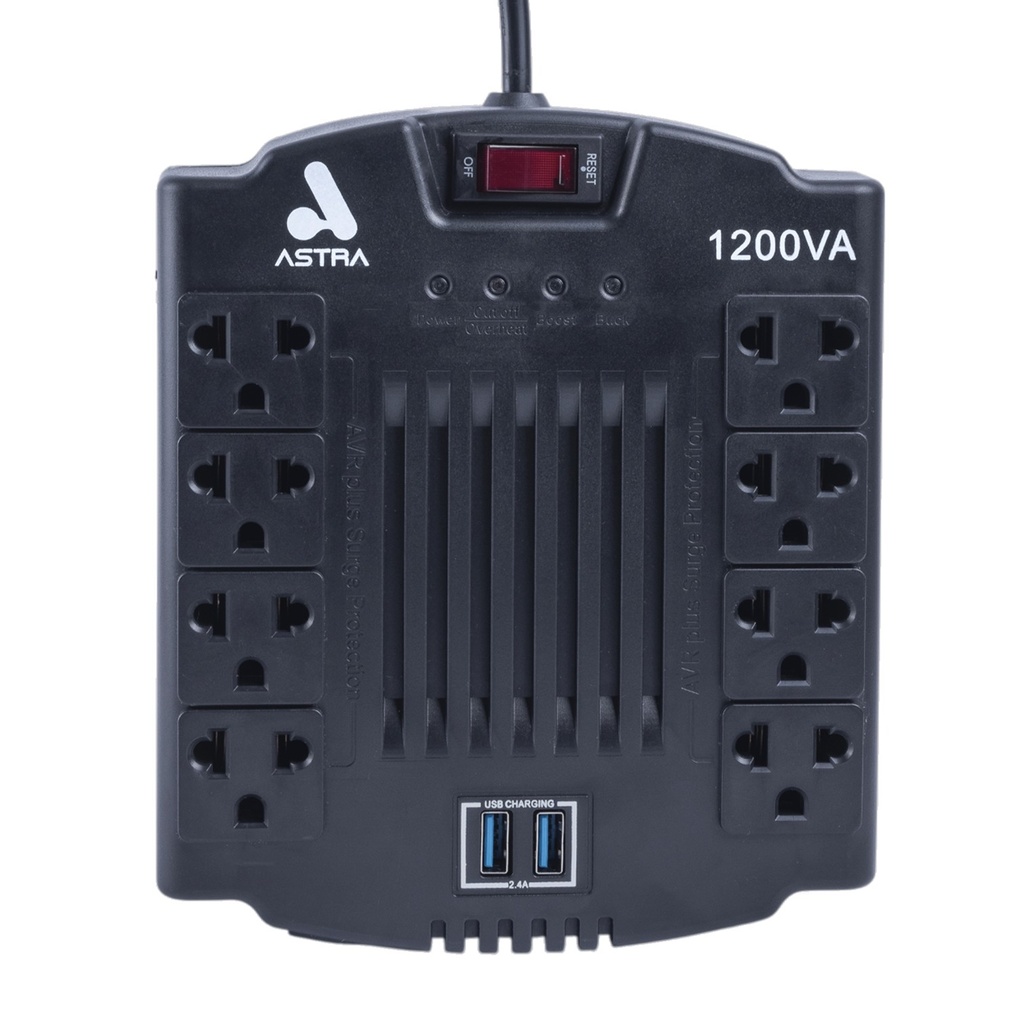 [ASRV1200VA] Astra - Regulador Automático de Voltaje 120V 1200VA/600W [8] x Tomas y [2] x USB-A