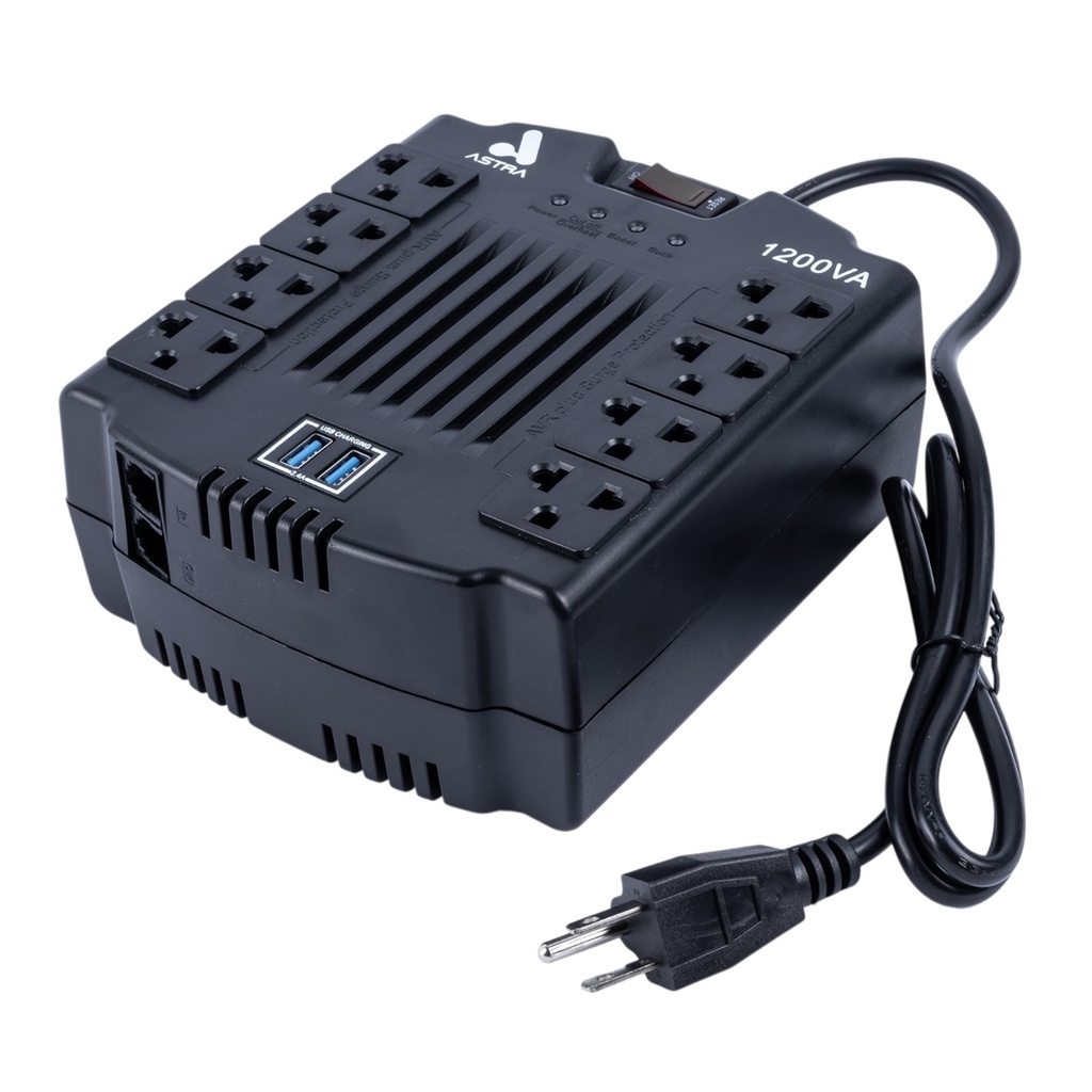[ASRV1200VA] Astra - Regulador Automático de Voltaje 120V 1200VA/600W [8] x Tomas y [2] x USB-A