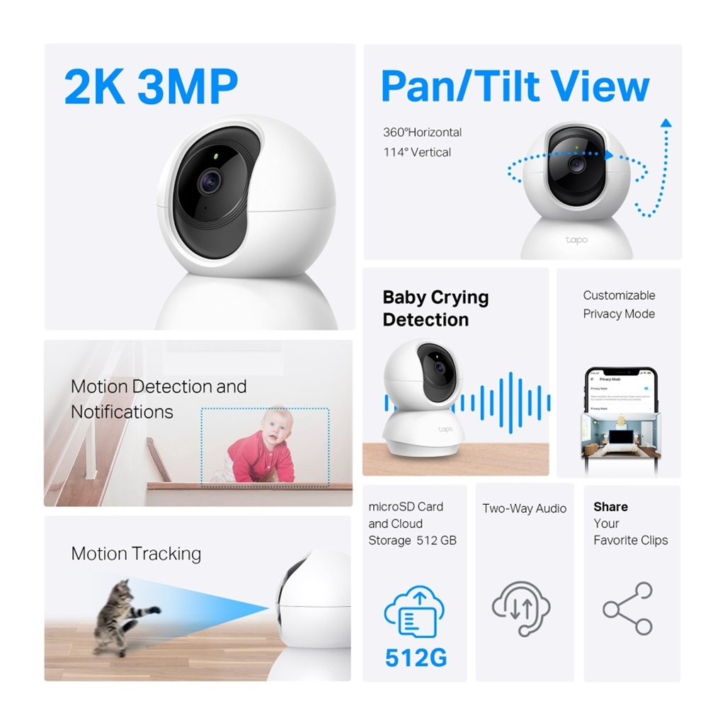 [C210] TP-Link - Cámara Wi-Fi 2K 3MP de 360 Grados con Vista Detección IA Audio Bidreccional Visión Nocturna [Tapo]