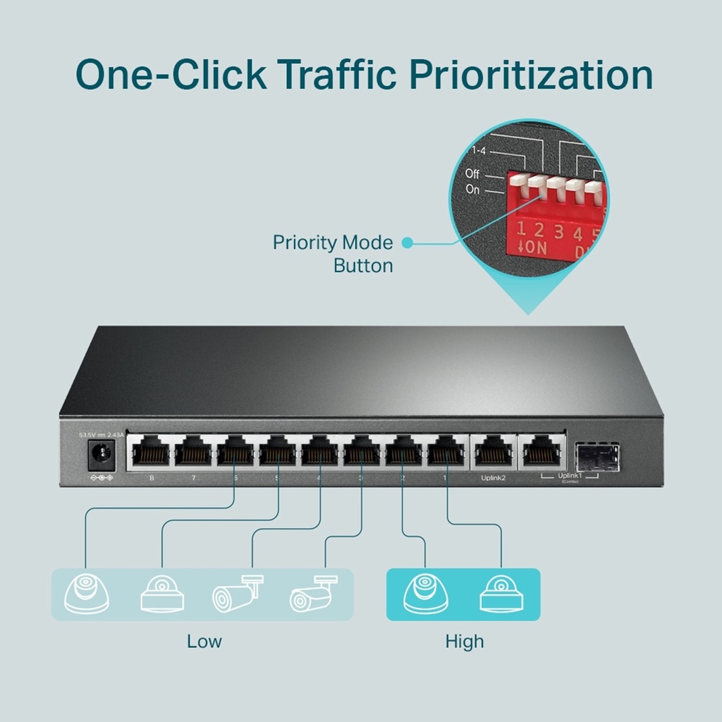 [TL-SG1210MP] TP-Link - Switch de Escritorio Gigabit de 10 Puertos con PoE + de 8 Puertos (9 puertos RJ45 gigabit y 1 puerto combo SFP / RJ45 gigabit)
