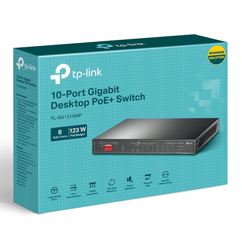 [TL-SG1210MP] TP-Link - Switch de Escritorio Gigabit de 10 Puertos con PoE + de 8 Puertos (9 puertos RJ45 gigabit y 1 puerto combo SFP / RJ45 gigabit)