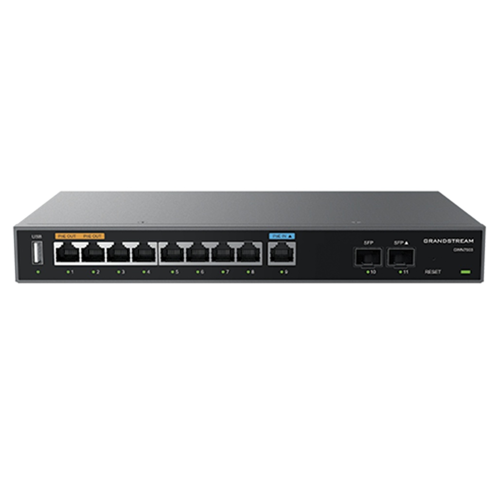 [GWN7003] Grandstream - Router Empresarial 9 puertos Gigabit Ethernet y 2 puertos SFP de 2.5 Gigabit todos configurables como WAN/LAN 2 puertos con salida PoE enrutamiento NAT de 2.2Gbps IPsec VPN de 530Mbps hasta 100 túneles concurrentes