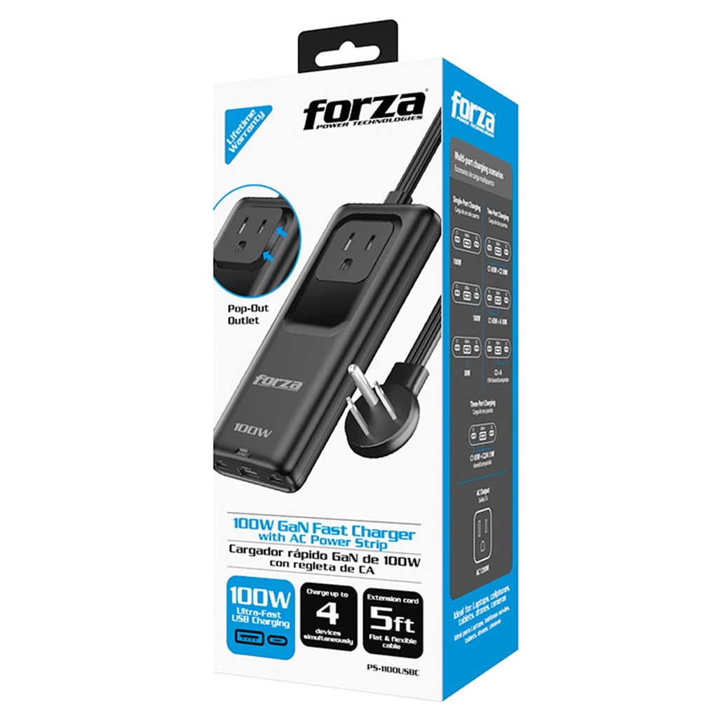 [PS-1100USBC] Forza: Regleta con Cargador Rápido 100W 1 NEMA 110V/220V USB-C con Indicador LED