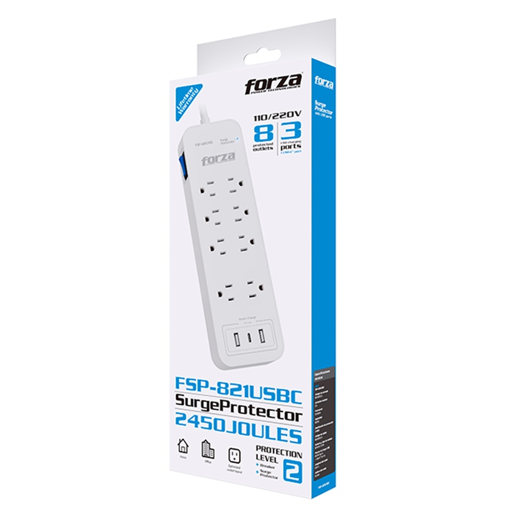 [FSP-821USBC] Forza: Protector Contra Sobretensiones 1625W/2450J 8 Tomas 2 USB-A 1 USB-C 110V/220V
