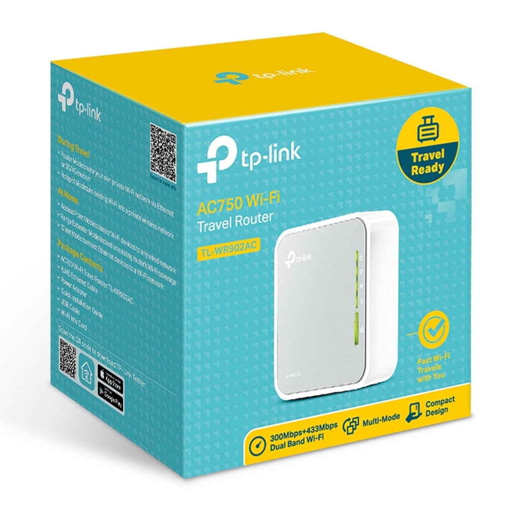 (TL-WR902AC) TP-Link - Mini Router de Viaje Inalambrico WiFi Doble Banda AC750 Sin Antena