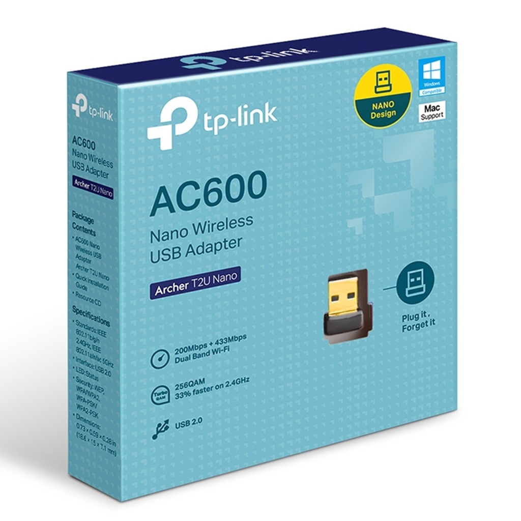 (T2U-NANO-ARCHER) TP-Link - Adaptador USB Inalambrico WiFi Doble Banda de Alta Ganancia AC600 