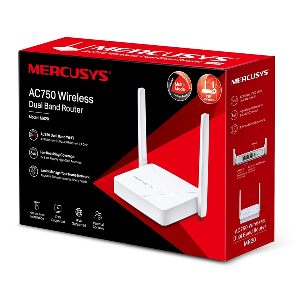 (MR20) Mercusys - Router Inalambrico WiFi Doble Banda AC750 2 Antenas 5dBi