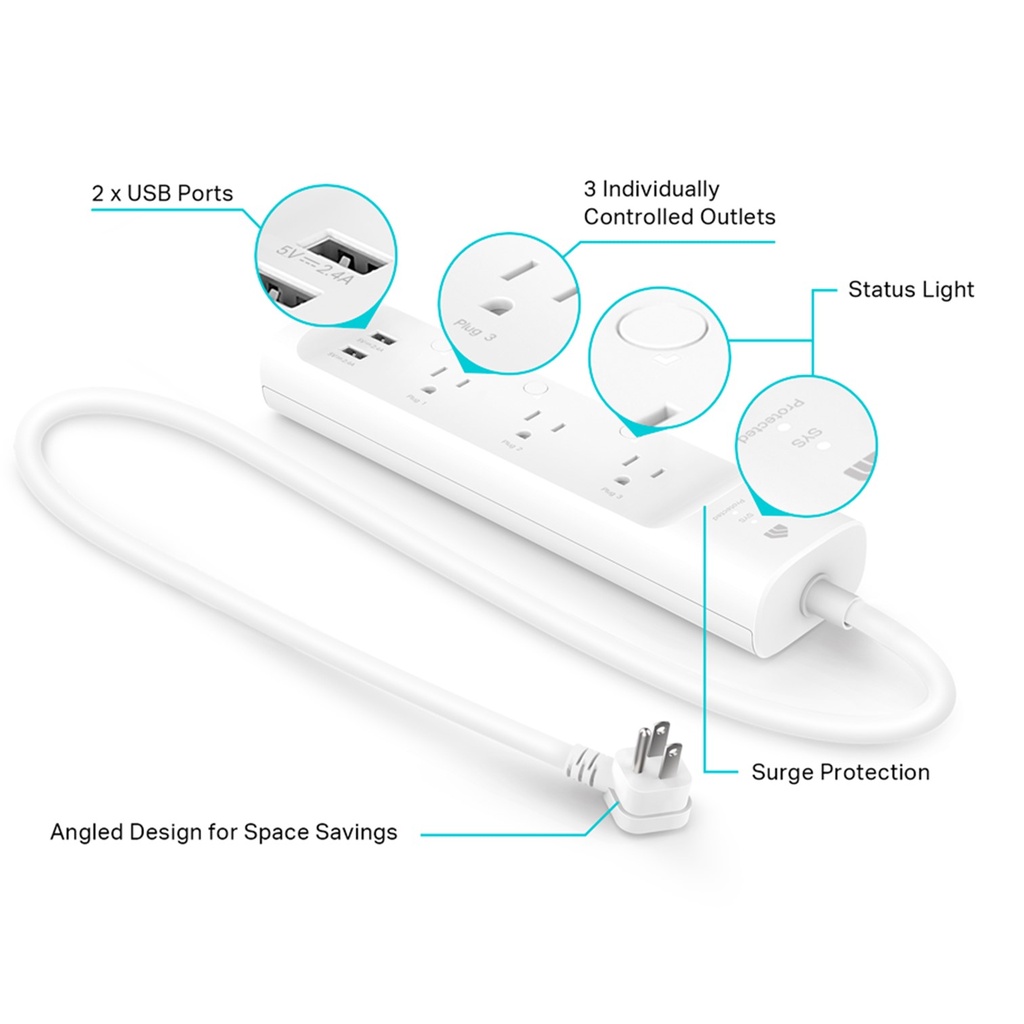 (KP303) Kasa by TP-Link - Regleta Inteligente 3 Salidas Inteligentes + 2 Puertos USB WiFi