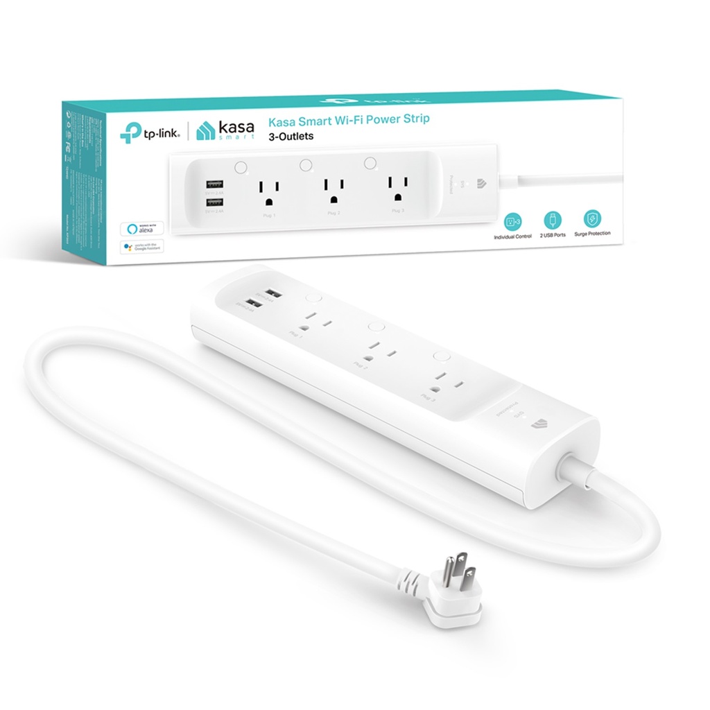 (KP303) Kasa by TP-Link - Regleta Inteligente 3 Salidas Inteligentes + 2 Puertos USB WiFi