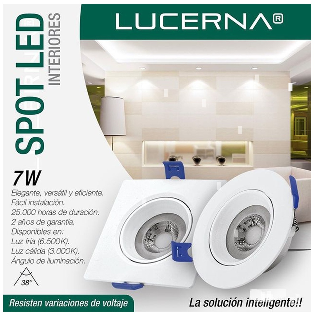 Lampara Spot Dirigible LED 7W 6500K Luz Fria Cuadrada Empotrar Borde Blanco 630lm 307-C Lucerna