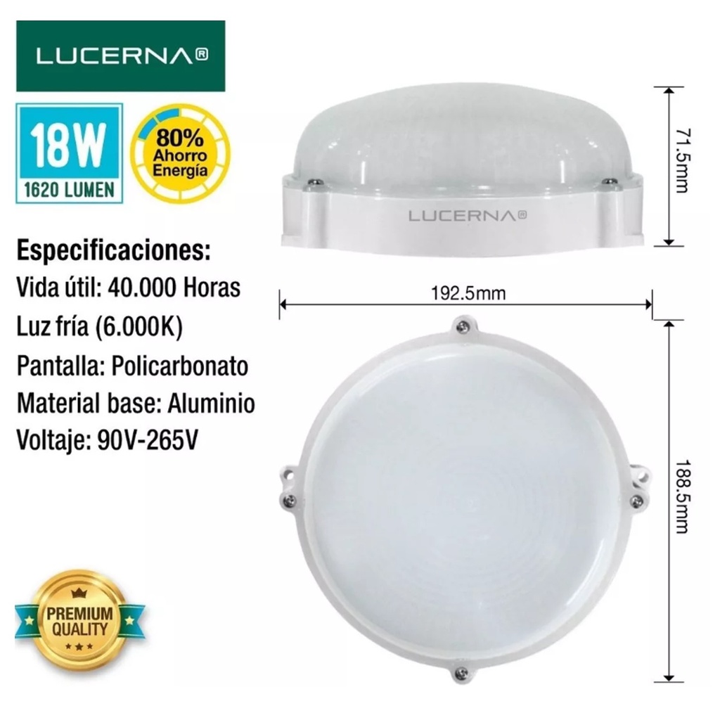 Lampara Vapoleta Redonda Hermetica LED 12W 6500K Luz Fria IP65 Exteriores Borde Blanco 1080lm VP12-IP65 Lucerna