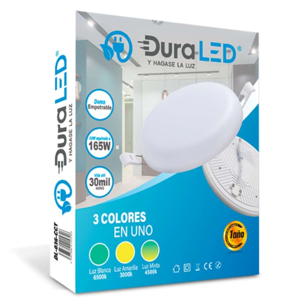 (DL-036-CCT) DuraLED - Lampara Panel LED 24W CCT 3en1 3000K-4500K-6500K Redonda Empotrar Infinity (Sin borde)