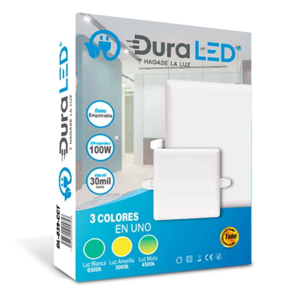 (DL-039-CCT) DuraLED - Lampara Panel LED 12W CCT 3en1 3000K-4500K-6500K Cuadrada Empotrar Infinity (Sin borde)