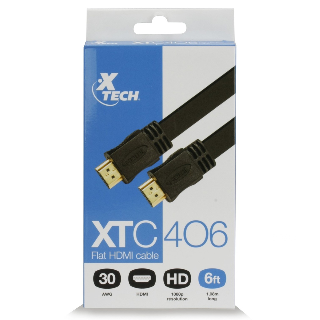Cable HDMI Plano Macho Doble HD Goma Negro Admite hasta 3840x2160p (1.8 Metros) XTC-406 Xtech