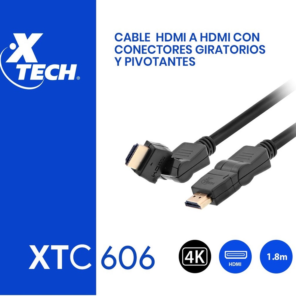 Cable HDMI Giratorio Macho Doble HD Goma Negro Admite hasta 3840x2160p (1.8 Metros) XTC-606 Xtech