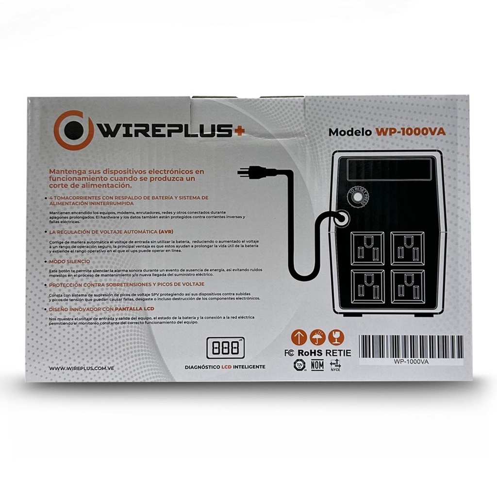 [WP-1000VA] Wireplus - UPS Interactivo 1000VA 600W con Pantalla LCD 120V [4] Tomas