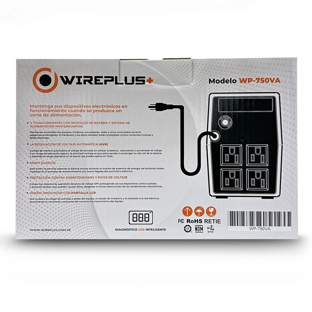 [WP-750VA] Wireplus - UPS Interactivo 750VA 360W con Pantalla LCD 120V [4] Tomas