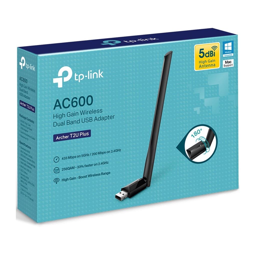 [T2U-PLUS-ARCHER] TP-Link - Adaptador USB Inalambrico WiFi Doble Banda de Alta Ganancia AC600