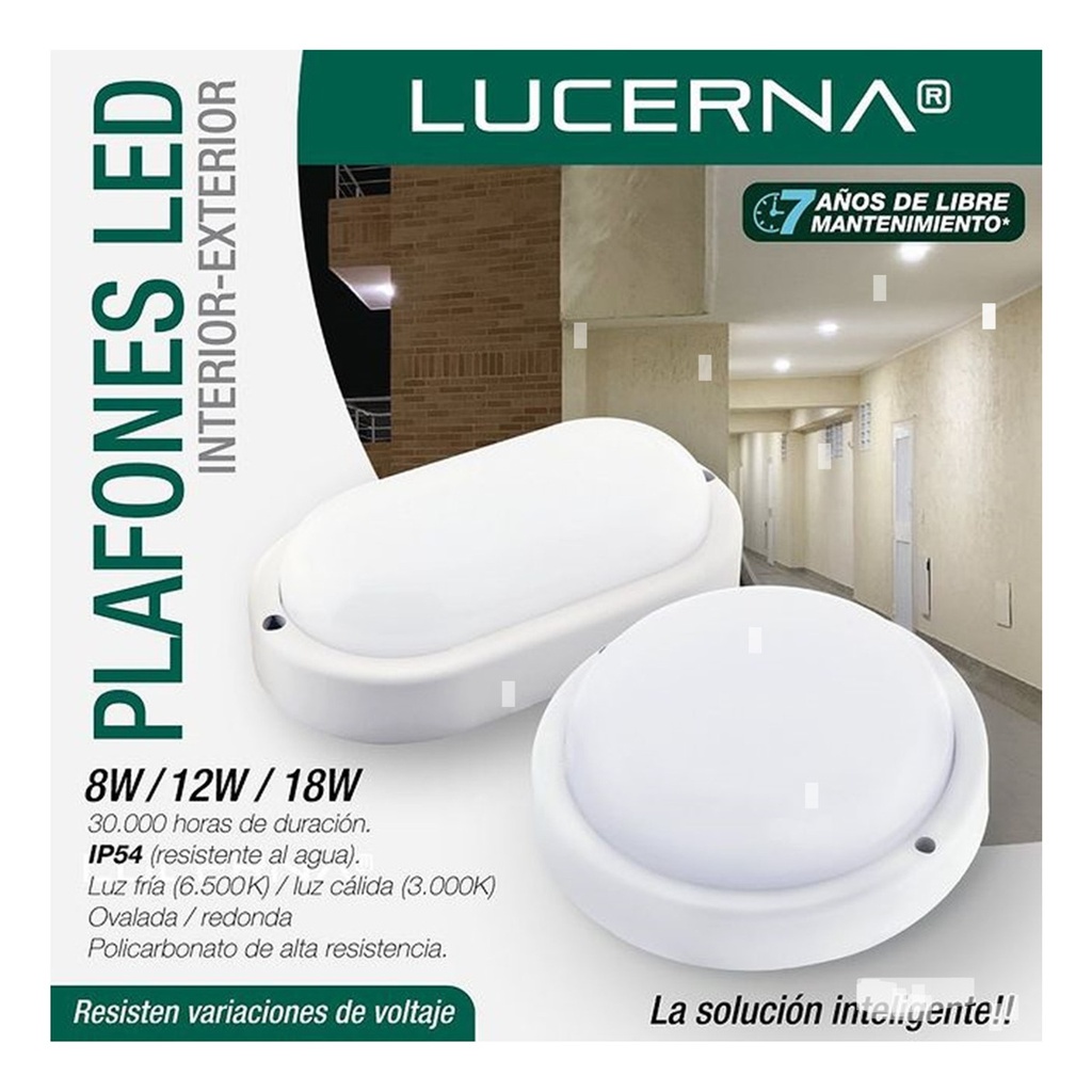 [VP12-OVAL-3K] Lucerna - Lampara Vapoleta Ovalada LED 12W 3000K Luz Calida IP54 Interiores/Exteriores Borde Blanco 960lm