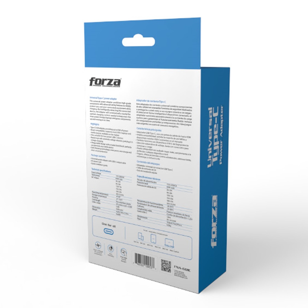 [FNA-601C] Forza - Adaptador Cargador Universal de 65W USB-C Electrónicos 110V/220V