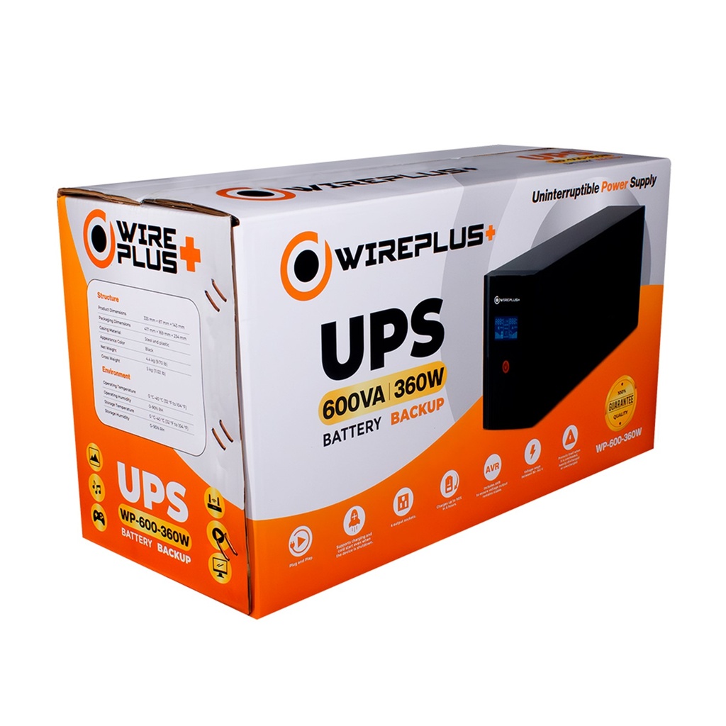 [WP-600-360W] Wireplus - UPS Interactivo 600VA 360W con Pantalla LCD 120V [4] Tomas
