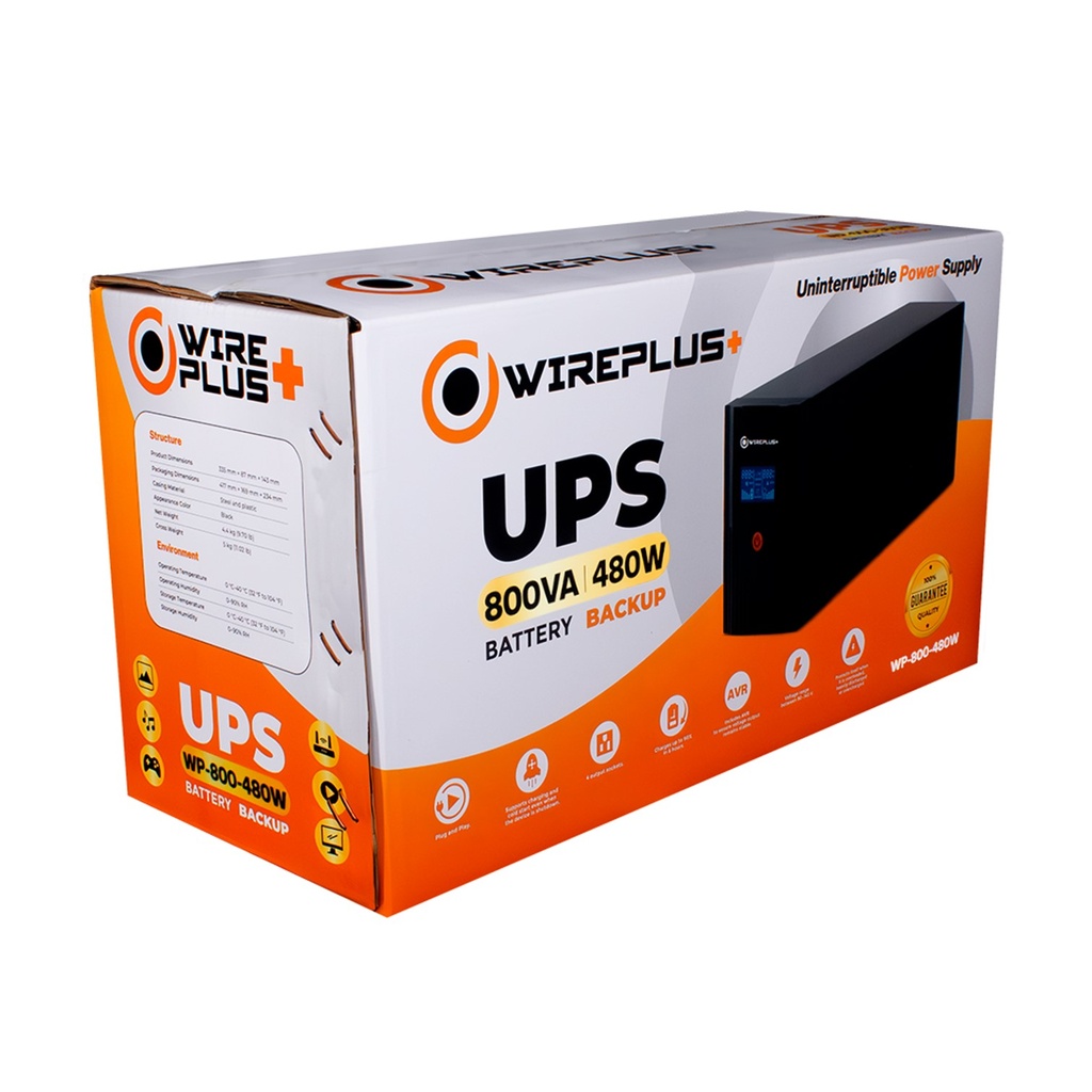 [WP-800-480W] Wireplus - UPS Interactivo 800VA 480W con Pantalla LCD 120V [4] Tomas