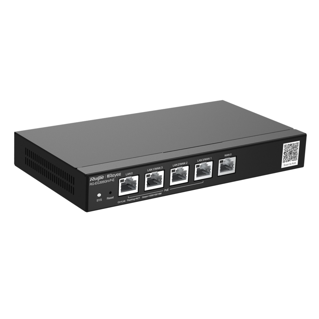 [RG-EG305GH-P-E] Ruijie Reyee - Router de Oficina PoE de 5 Puertos de Alto Rendimiento Gestionable en la Nube 1.5 Gbps Hasta 300 Clientes 4 Salidas PoE 64 Túneles VPN