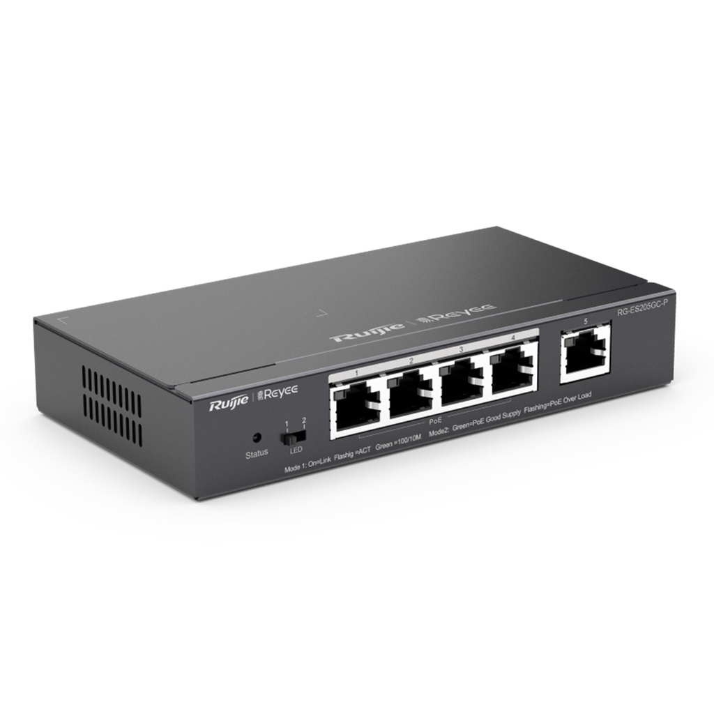 [RG-ES205GC-P] Ruijie Reyee - Switch Administrable PoE con 5 puertos Gigabit 4 PoE 802.3af/at Gestión Gratuita desde la Nube 54W