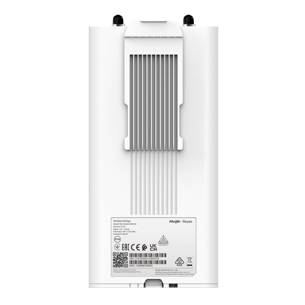 [RG-AirMetro550G-B] Ruijie Reyee SMB - Estación Base Conectorizada PtP o Multipunto hasta 32 Clientes Botón de Auto-Emparejamiento para distribuciones de Enlaces Inalámbricos WISP y CCTV Desempeño de hasta 867 Mbps Administración Remota Gratuita en la Nube