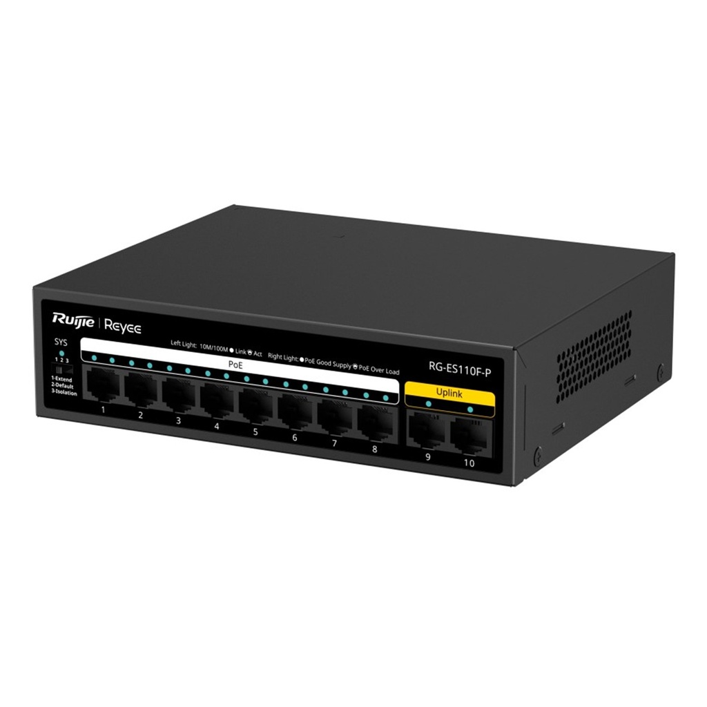 [RG-ES110F-P] Ruijie Reyee SMB - Switch PoE+ con 10 Puertos 10/100 Mbps 110 W Carcasa de Acero No Administrable