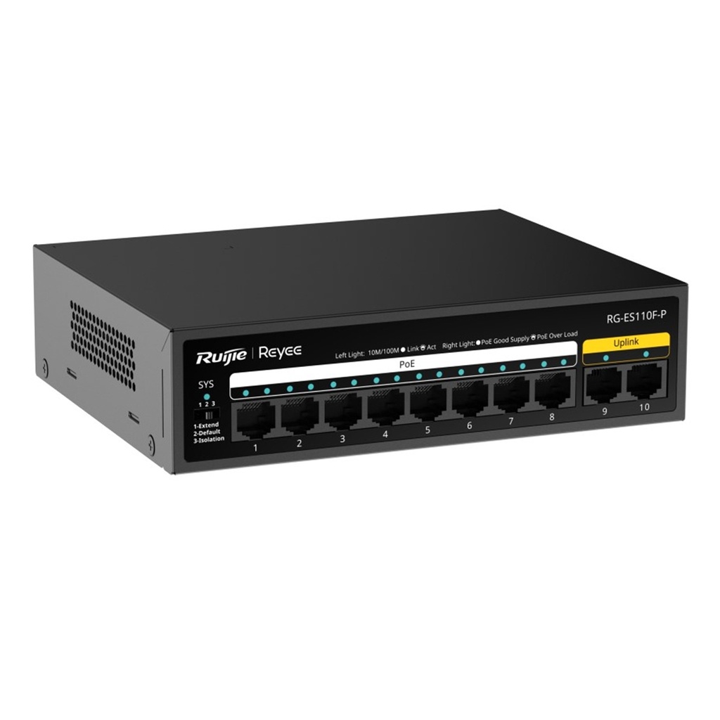 [RG-ES110F-P] Ruijie Reyee SMB - Switch PoE+ con 10 Puertos 10/100 Mbps 110 W Carcasa de Acero No Administrable