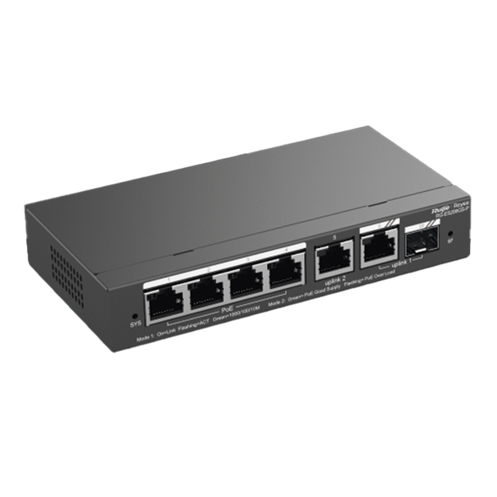 [RG-ES206GS-P] Ruijie Reyee SMB - Switch Administrable con 4 Puertos Gigabit PoE 2 Uplink Gigabit y 1 Uplink Gigabit para Fibra SFP en Combo Administración Remota Gratuita en la Nube