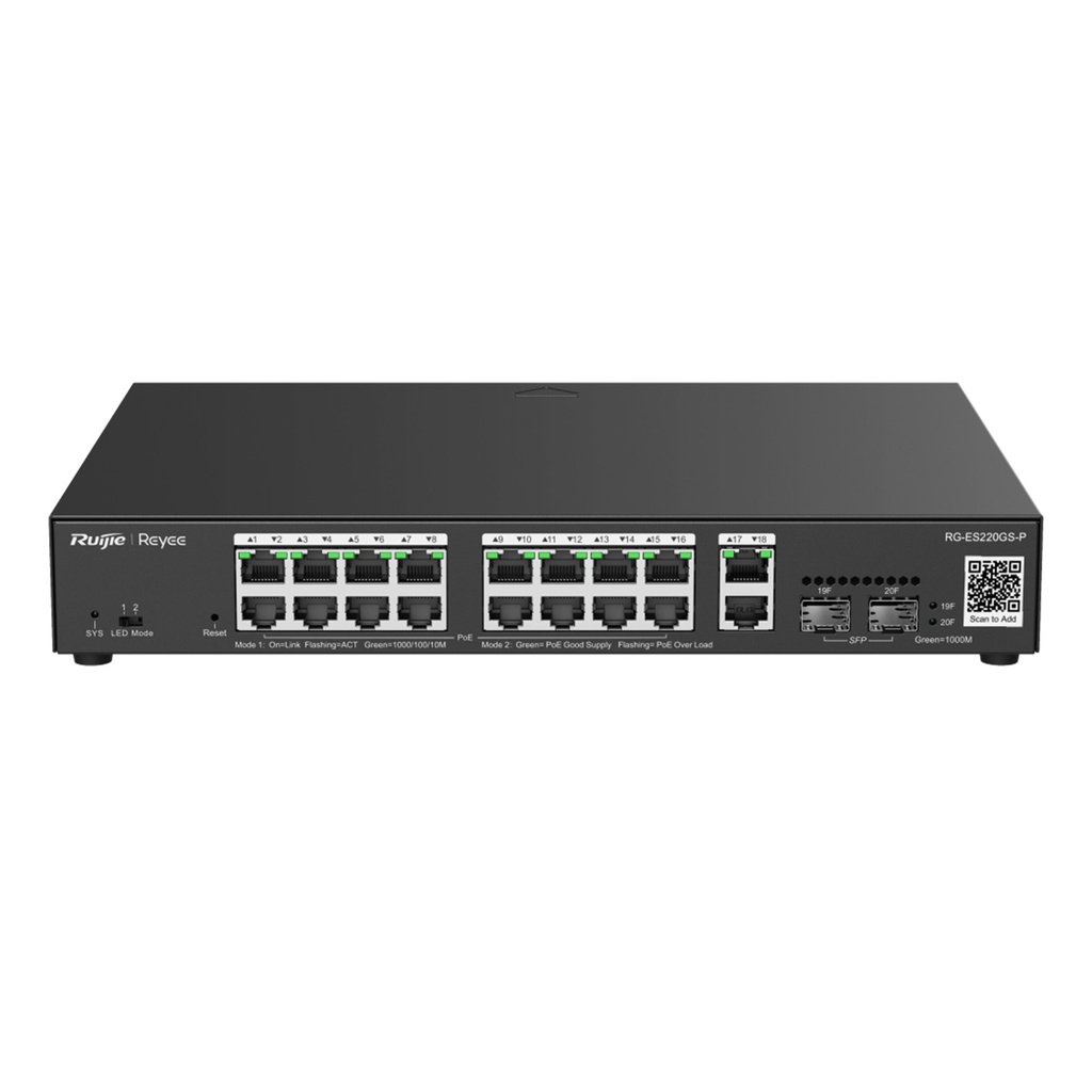 [RG-ES220GS-P] Ruijie Reyee SMB - Switch L2 Administrable PoE con 16 Puertos Gigabit PoE 802.3af/at + 2 SFP para Fibra 1Gb 240W Administración Remota Gratuita en la Nube