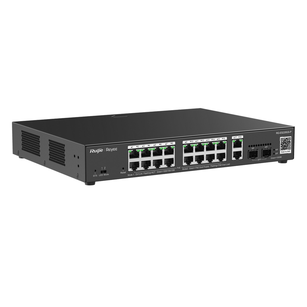[RG-ES220GS-P] Ruijie Reyee SMB - Switch L2 Administrable PoE con 16 Puertos Gigabit PoE 802.3af/at + 2 SFP para Fibra 1Gb 240W Administración Remota Gratuita en la Nube
