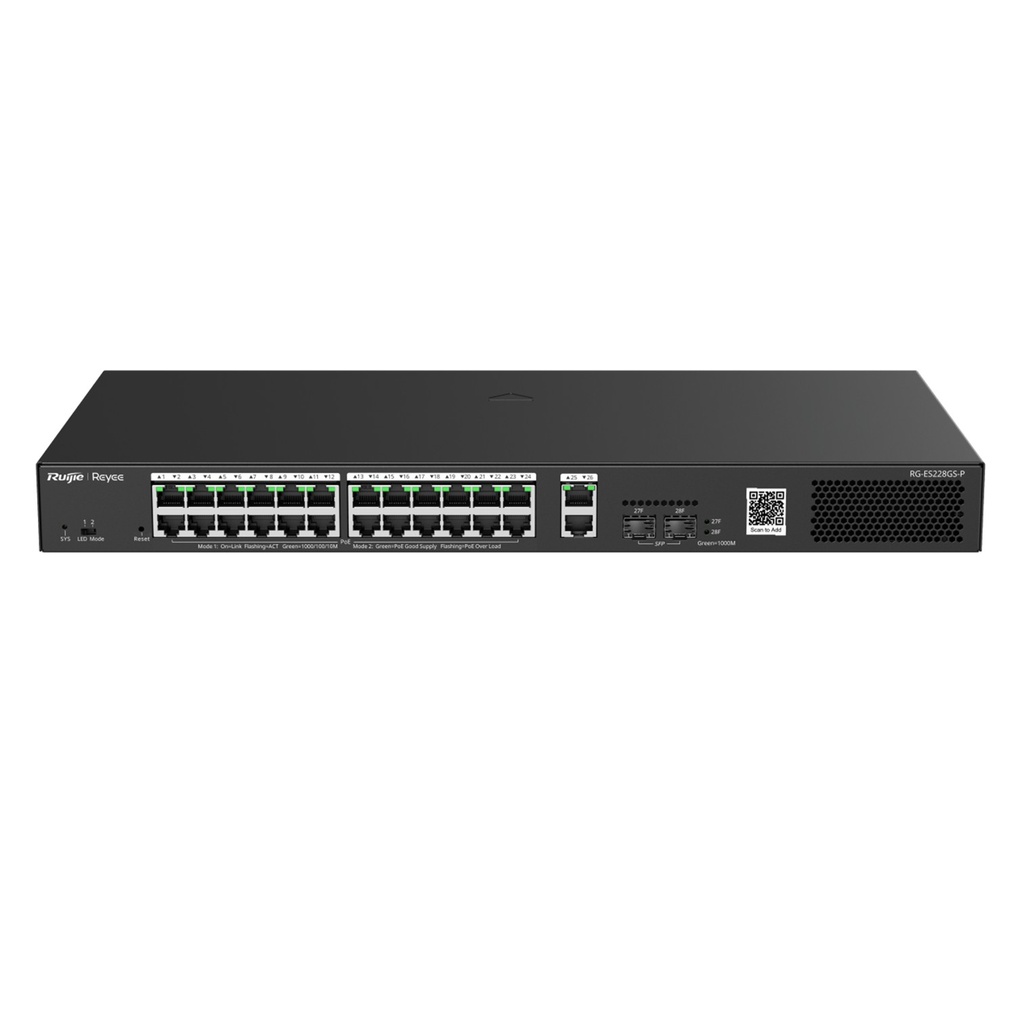 [RG-ES228GS-P] Ruijie Reyee SMB - Switch Smart PoE con 24 Puertos Gigabit PoE 802.3af/at + 2 SFP para Fibra 1Gb 370W Administración Remota Gratuita en la Nube