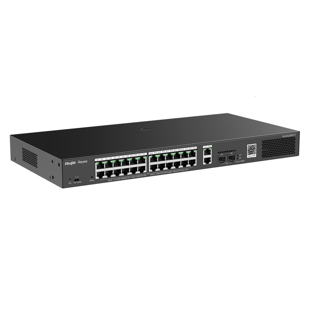 [RG-ES228GS-P] Ruijie Reyee SMB - Switch Smart PoE con 24 Puertos Gigabit PoE 802.3af/at + 2 SFP para Fibra 1Gb 370W Administración Remota Gratuita en la Nube