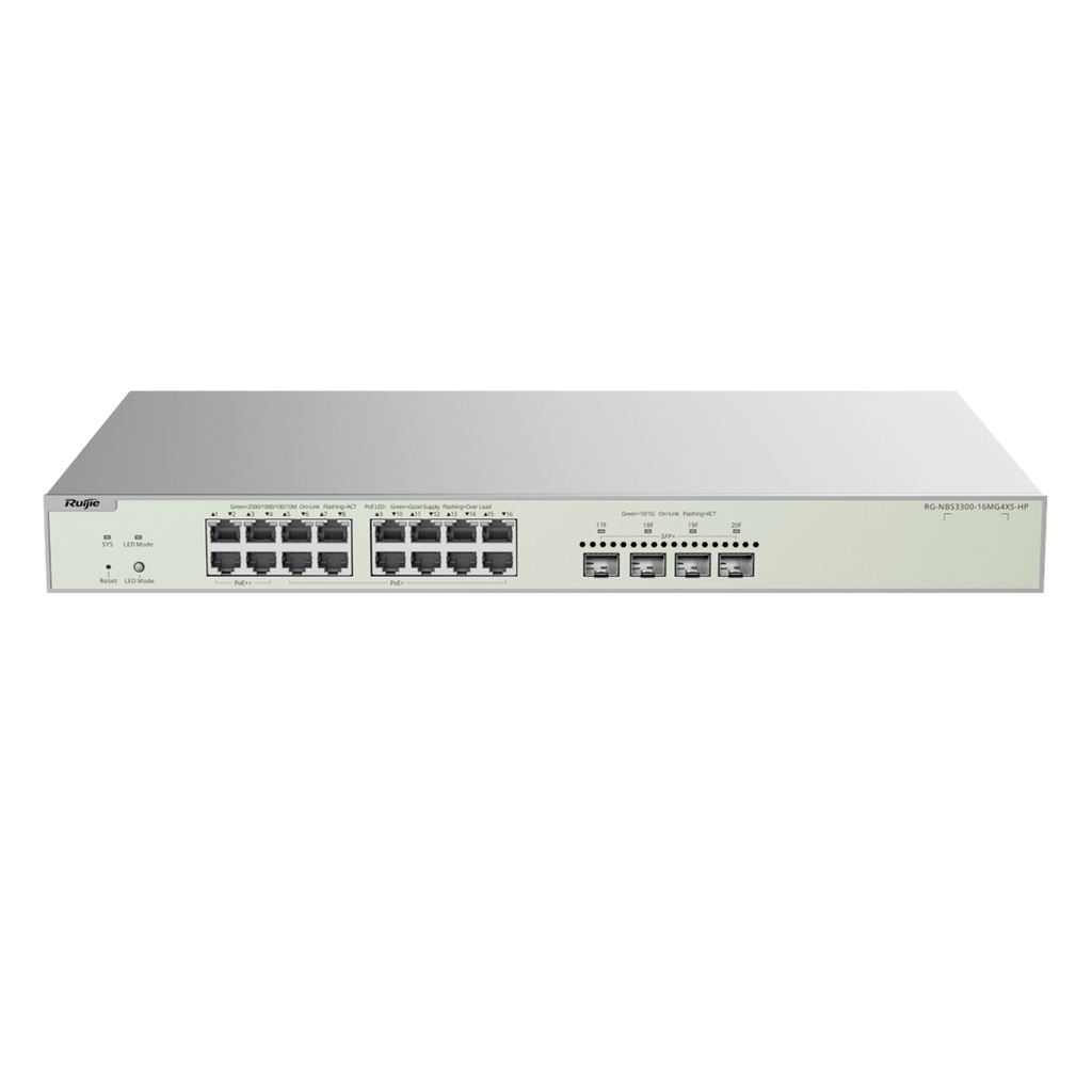 [RG-NBS3300-16MG4XS-HP] Ruijie Reyee SME - Switch Multi-Gigabit PoE++ hasta 370W Capa 2 con 4 Puertos 2.5G (90W) 12 Puertos 2.5G (30W) y 4 Uplink SFP+ 10G Diseñado Para Access Points WiFi 6/7 Administración Remota Gratuita en la Nube