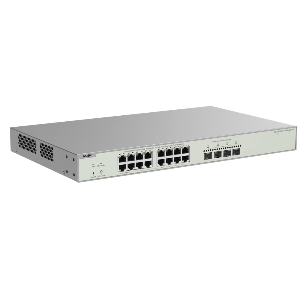 [RG-NBS3300-16MG4XS-HP] Ruijie Reyee SME - Switch Multi-Gigabit PoE++ hasta 370W Capa 2 con 4 Puertos 2.5G (90W) 12 Puertos 2.5G (30W) y 4 Uplink SFP+ 10G Diseñado Para Access Points WiFi 6/7 Administración Remota Gratuita en la Nube