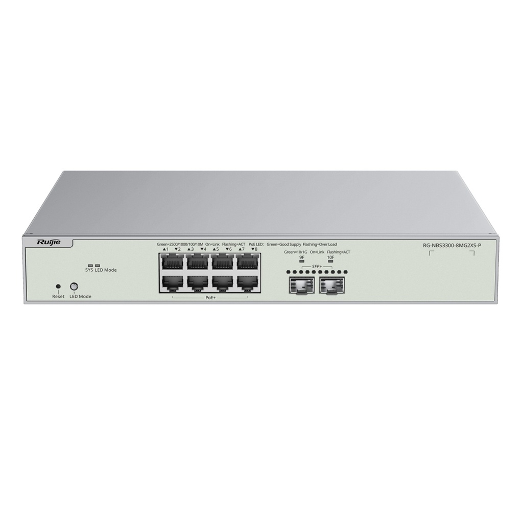 [RG-NBS3300-8MG2XS-P] Ruijie Reyee SME - Switch Multi-Gigabit PoE+ Capa 2 con 8 Puertos 2.5G PoE+ hasta 240W y 2 Uplink SFP+ 10G Diseñado Para Access Points WiFi 6/7 Administración Remota Gratuita en la Nube